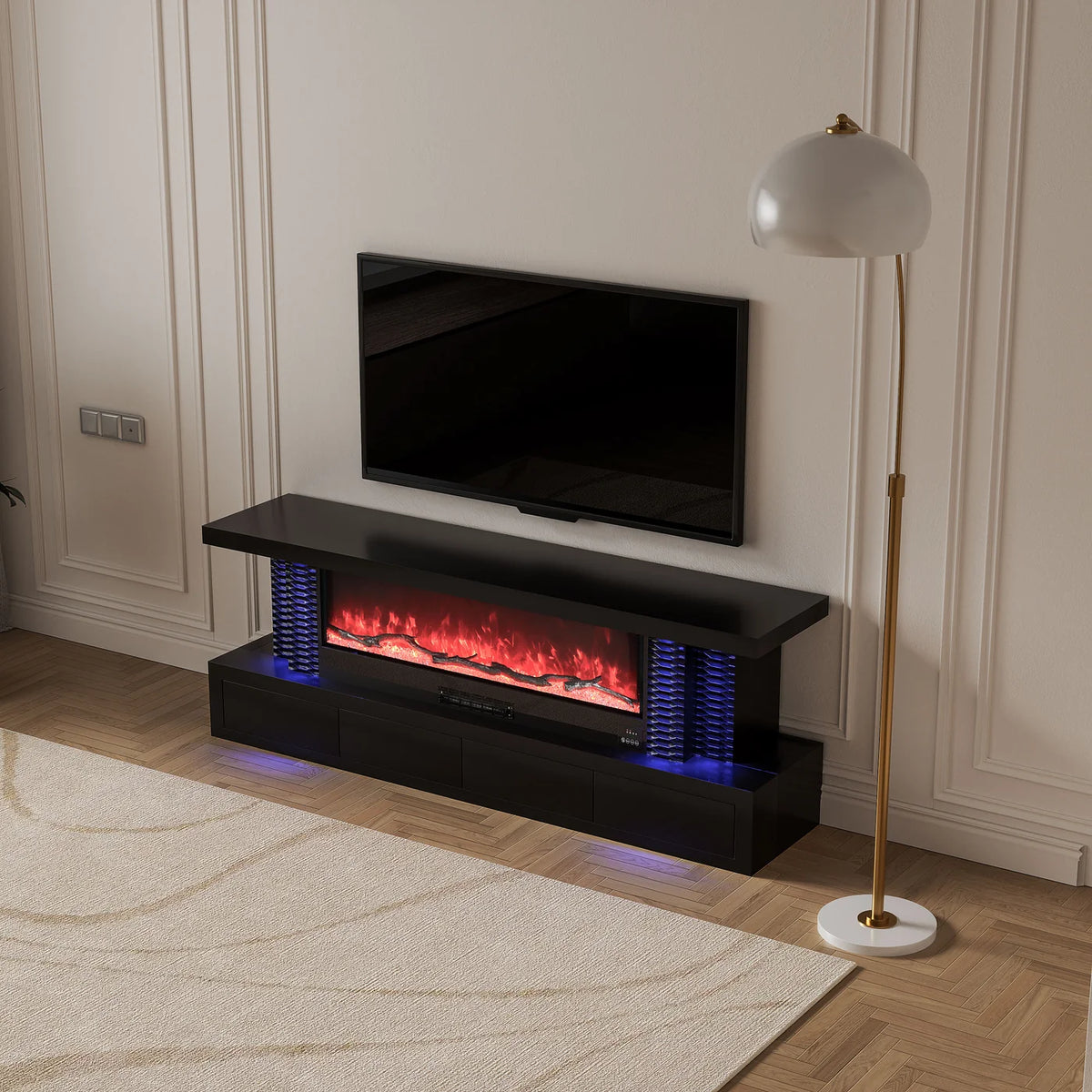 VANITII Obsidian 71" LED Mirrored Electric Fireplace TV Stand