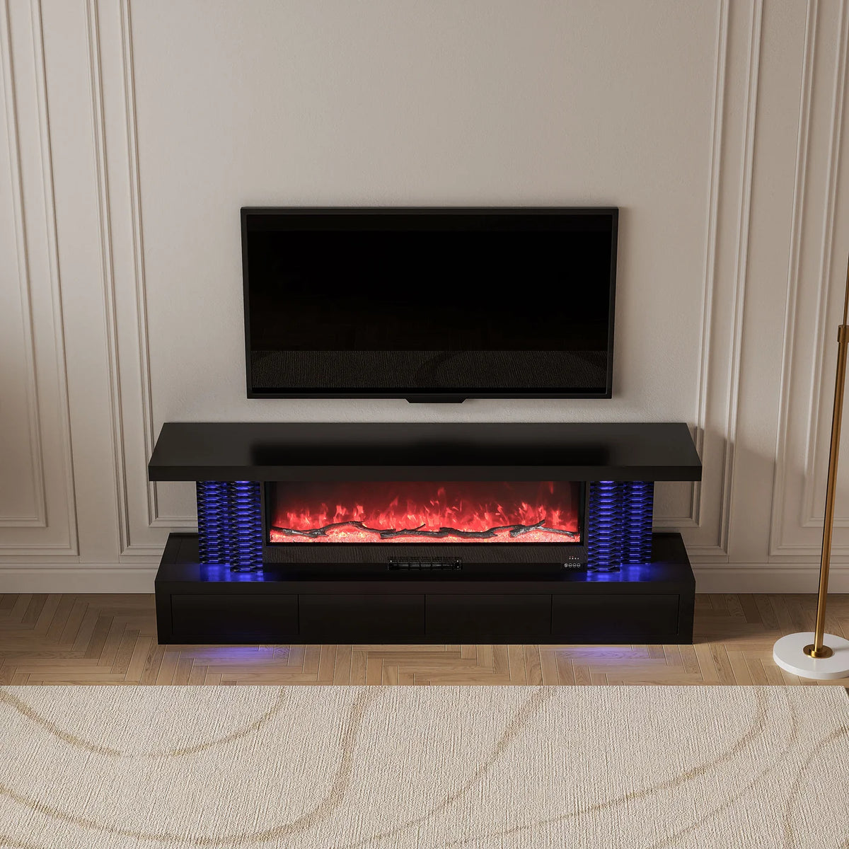 VANITII Obsidian 71" LED Mirrored Electric Fireplace TV Stand