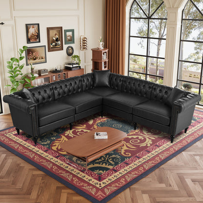 Midnight Reversible L-Shaped Chesterfield Sofa – 5 Seat Black PU Leather