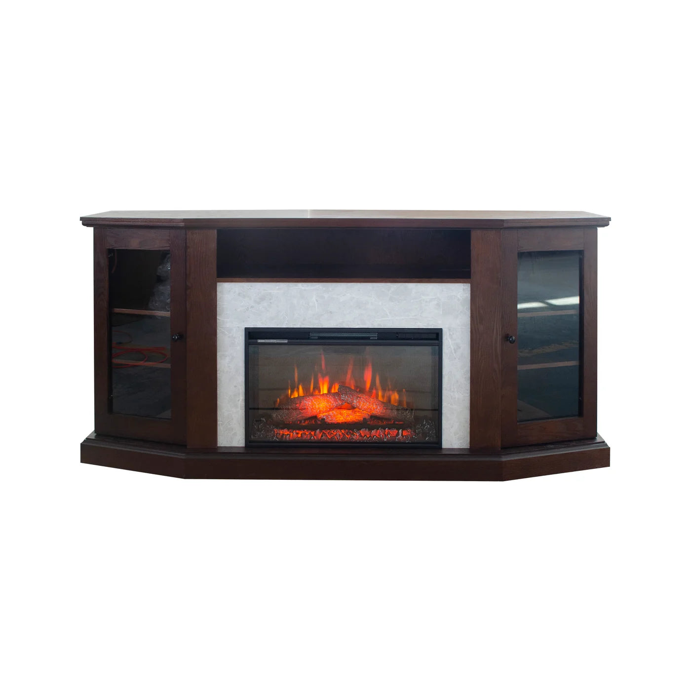 Deep Cherry Okoume Veneer Fireplace TV Stand with Bluetooth