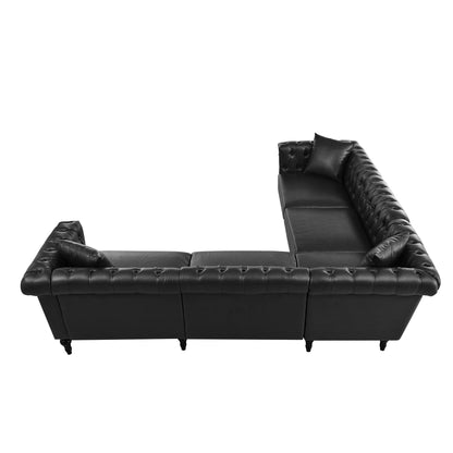Midnight Reversible L-Shaped Chesterfield Sofa – 5 Seat Black PU Leather