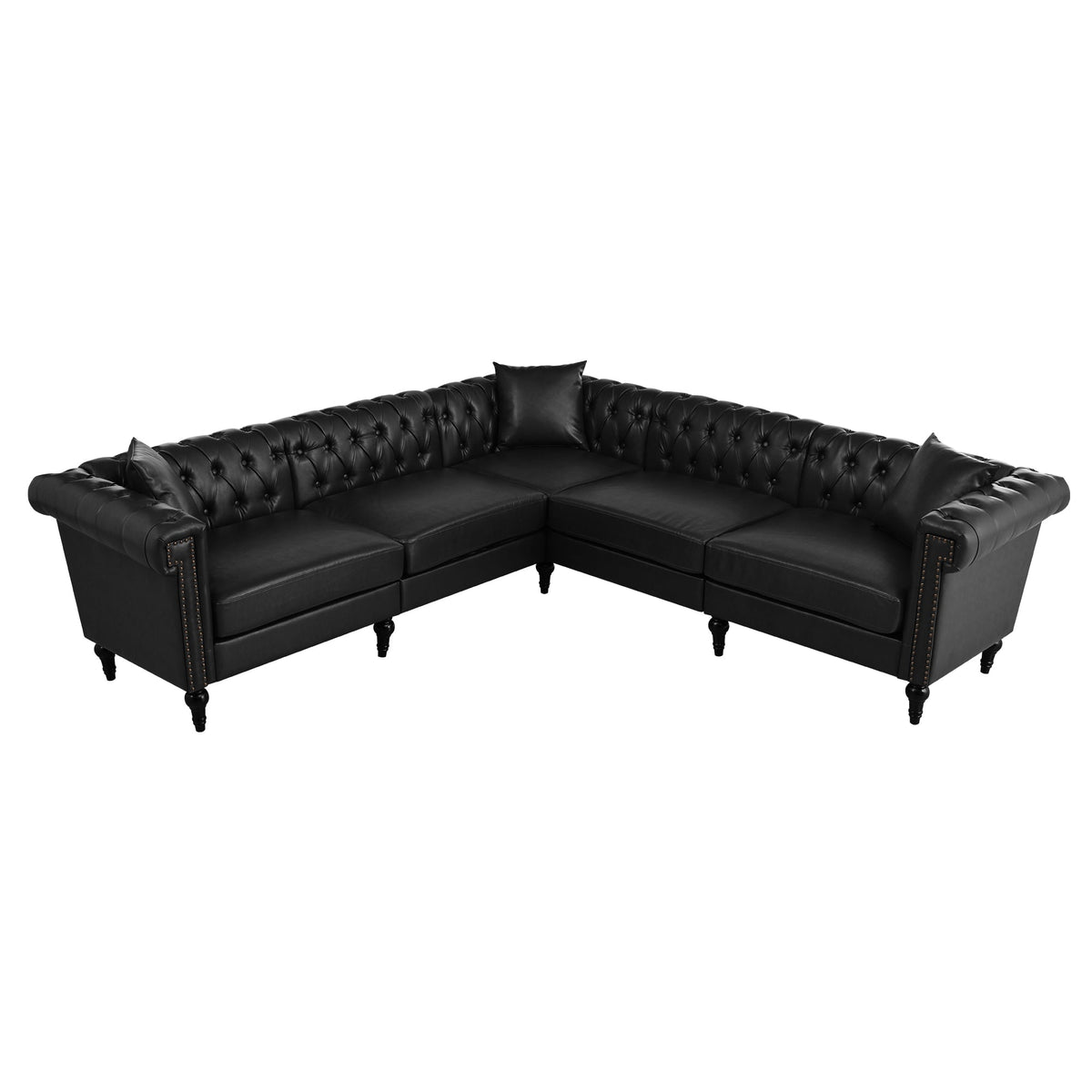 Midnight Reversible L-Shaped Chesterfield Sofa – 5 Seat Black PU Leather