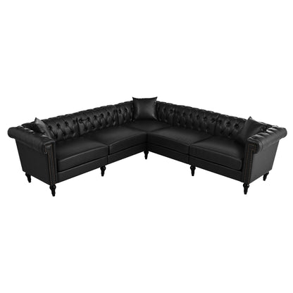 Midnight Reversible L-Shaped Chesterfield Sofa – 5 Seat Black PU Leather