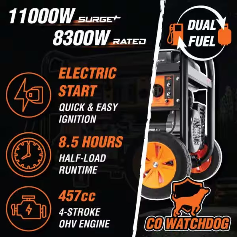 11,000-Watt 120V/240V Dual Fuel Portable Gas/Propane Generator + CO Watchdog