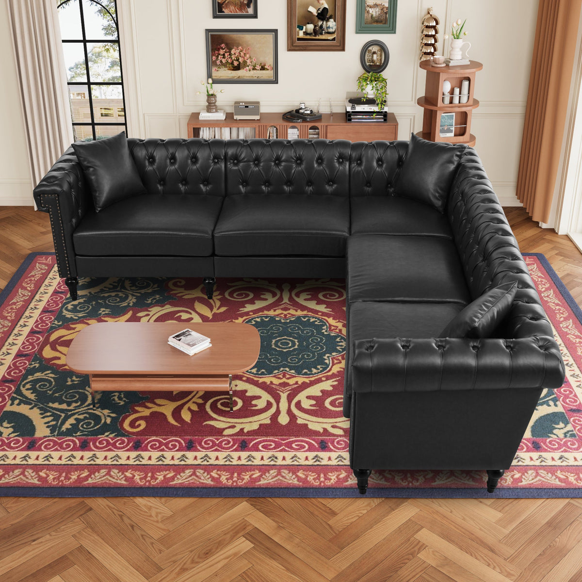 Midnight Reversible L-Shaped Chesterfield Sofa – 5 Seat Black PU Leather
