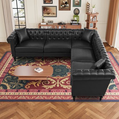 Midnight Reversible L-Shaped Chesterfield Sofa – 5 Seat Black PU Leather