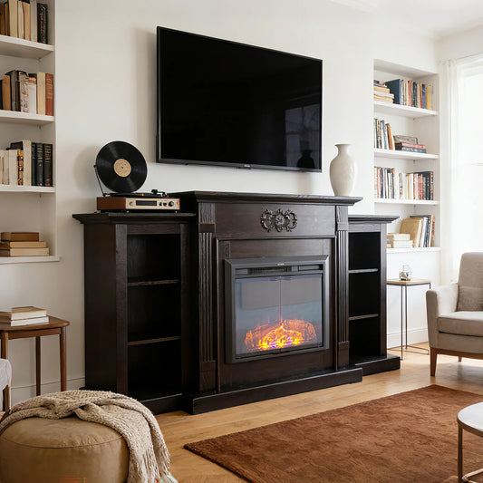 Dark Mahogany Ash Wood Veneer Fireplace TV Stand