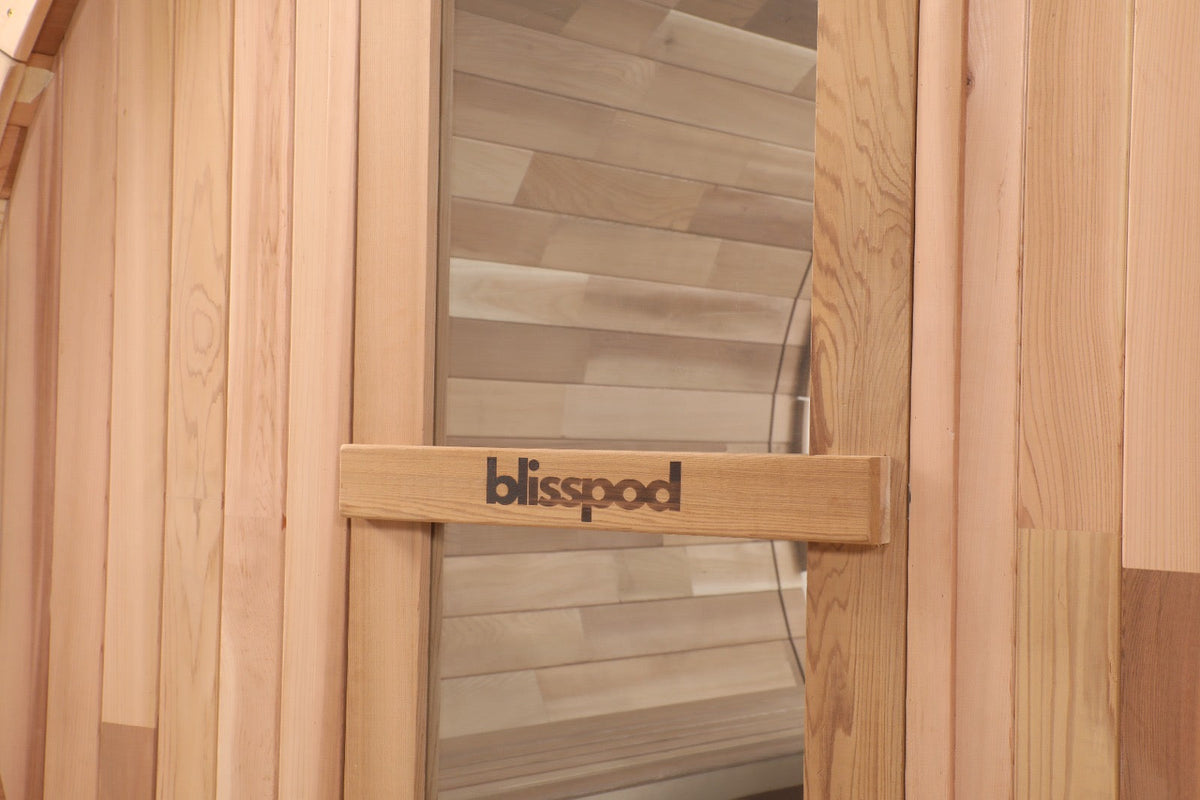Blisspod Prague Canadian Red Cedar Outdoor Steam Barell Sauna | Full Glass Back & 2 front Porch seats