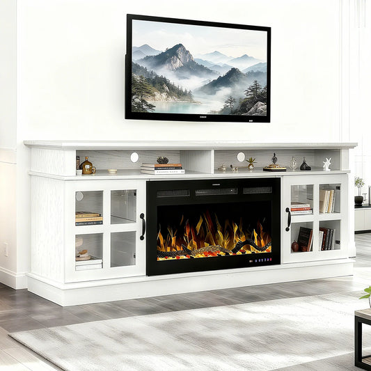 72" White Ash Wood Veneer Fireplace TV Stand