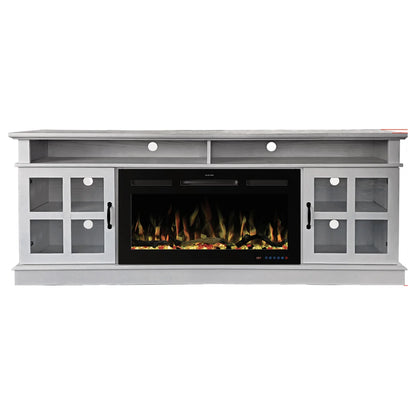 72" White Ash Wood Veneer Fireplace TV Stand