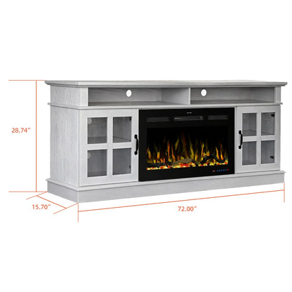 72" White Ash Wood Veneer Fireplace TV Stand