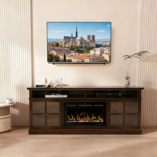 72" Ash Wood Veneer Fireplace TV Stand