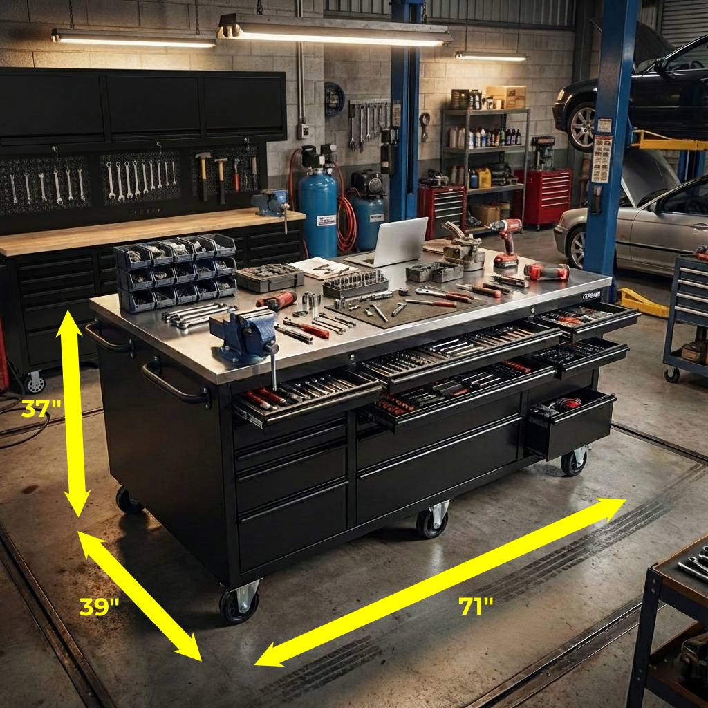 Large Steel Garage Island Workbench – Stainless Steel Top