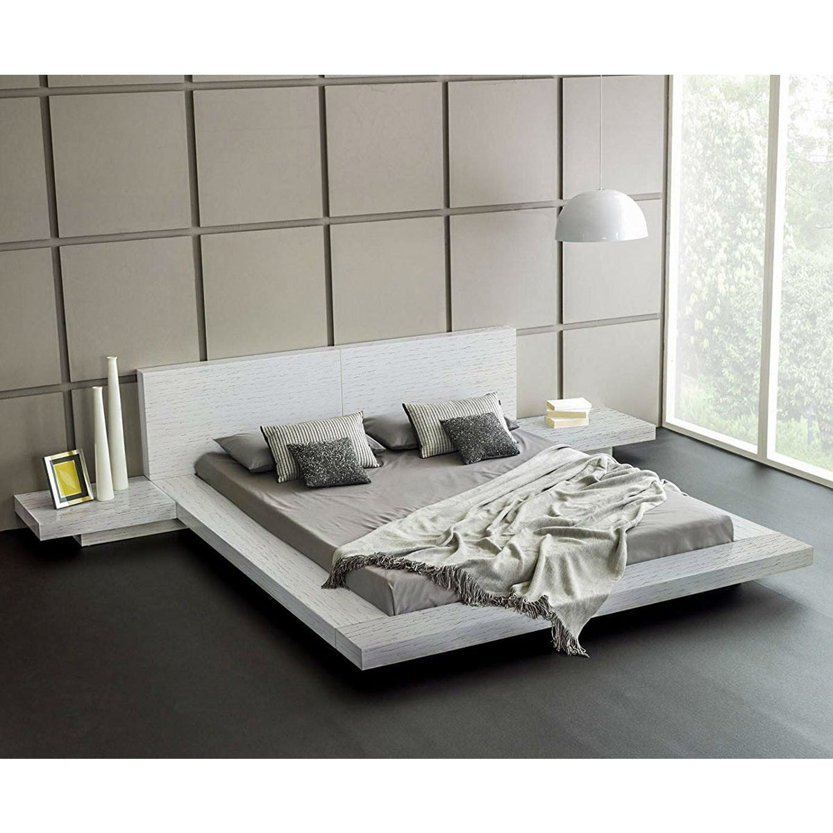 Zenith Modern King Platform Bed – Ash White with 2 Nightstands