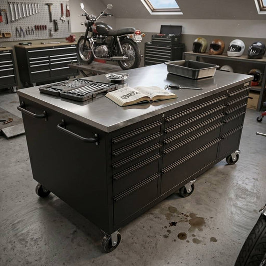 Large Steel Garage Island Workbench – Stainless Steel Top