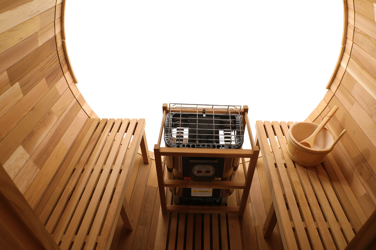 Blisspod Prague Canadian Red Cedar Outdoor Steam Barell Sauna | Full Glass Back & 2 front Porch seats