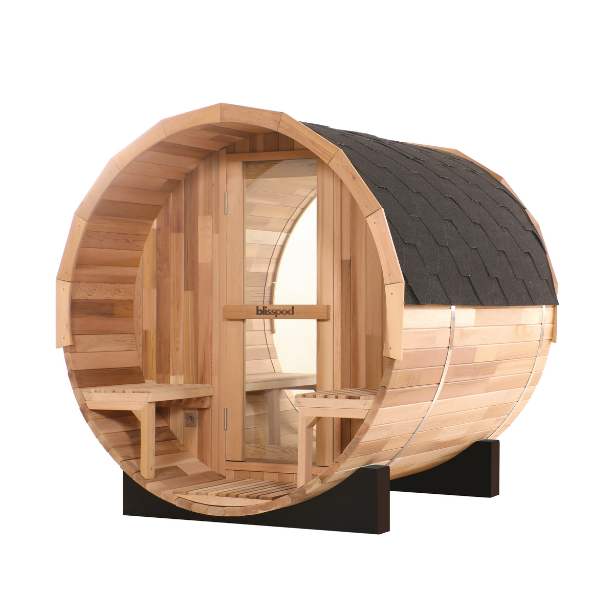 Blisspod Prague Canadian Red Cedar Outdoor Steam Barell Sauna | Full Glass Back & 2 front Porch seats