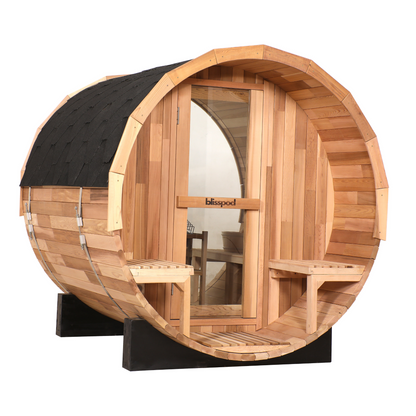 Blisspod Prague Canadian Red Cedar Outdoor Steam Barell Sauna | Full Glass Back & 2 front Porch seats