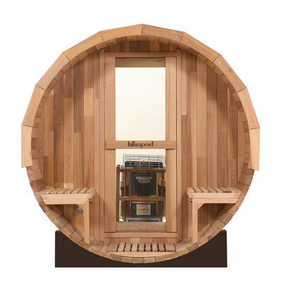 Blisspod Prague Canadian Red Cedar Outdoor Steam Barell Sauna | Full Glass Back & 2 front Porch seats