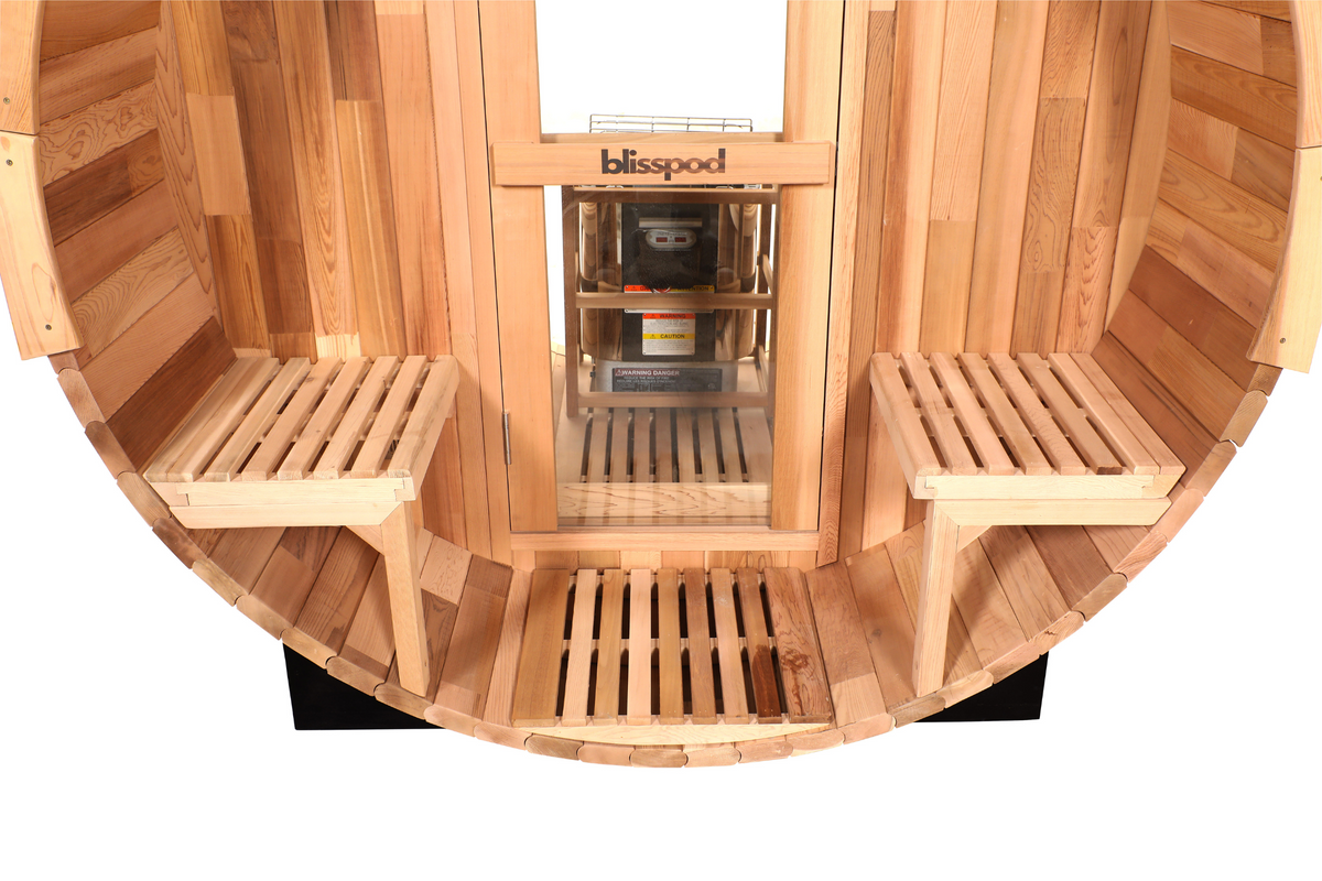 Blisspod Prague Canadian Red Cedar Outdoor Steam Barell Sauna | Full Glass Back & 2 front Porch seats