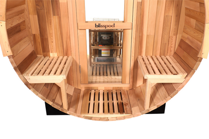 Blisspod Prague Canadian Red Cedar Outdoor Steam Barell Sauna | Full Glass Back & 2 front Porch seats