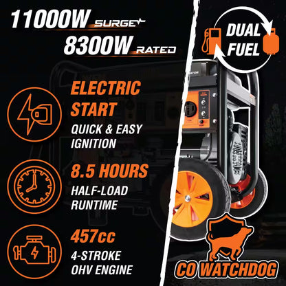 4,750-Watt 120V/240V Dual Fuel Portable Gas/Propane Generator + CO Watchdog