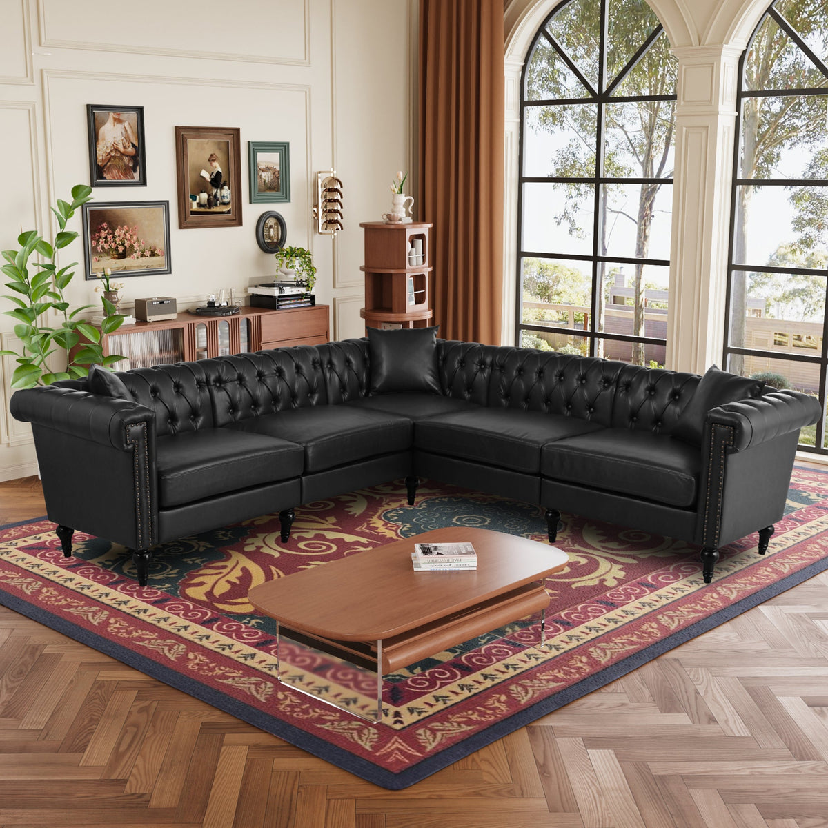 Midnight Reversible L-Shaped Chesterfield Sofa – 5 Seat Black PU Leather