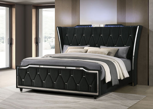 Lorient Luxury King Wingback Bed – Black Velvet & LED Lighting