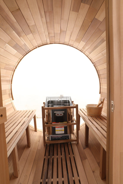 Blisspod Prague Canadian Red Cedar Outdoor Steam Barell Sauna | Full Glass Back & 2 front Porch seats