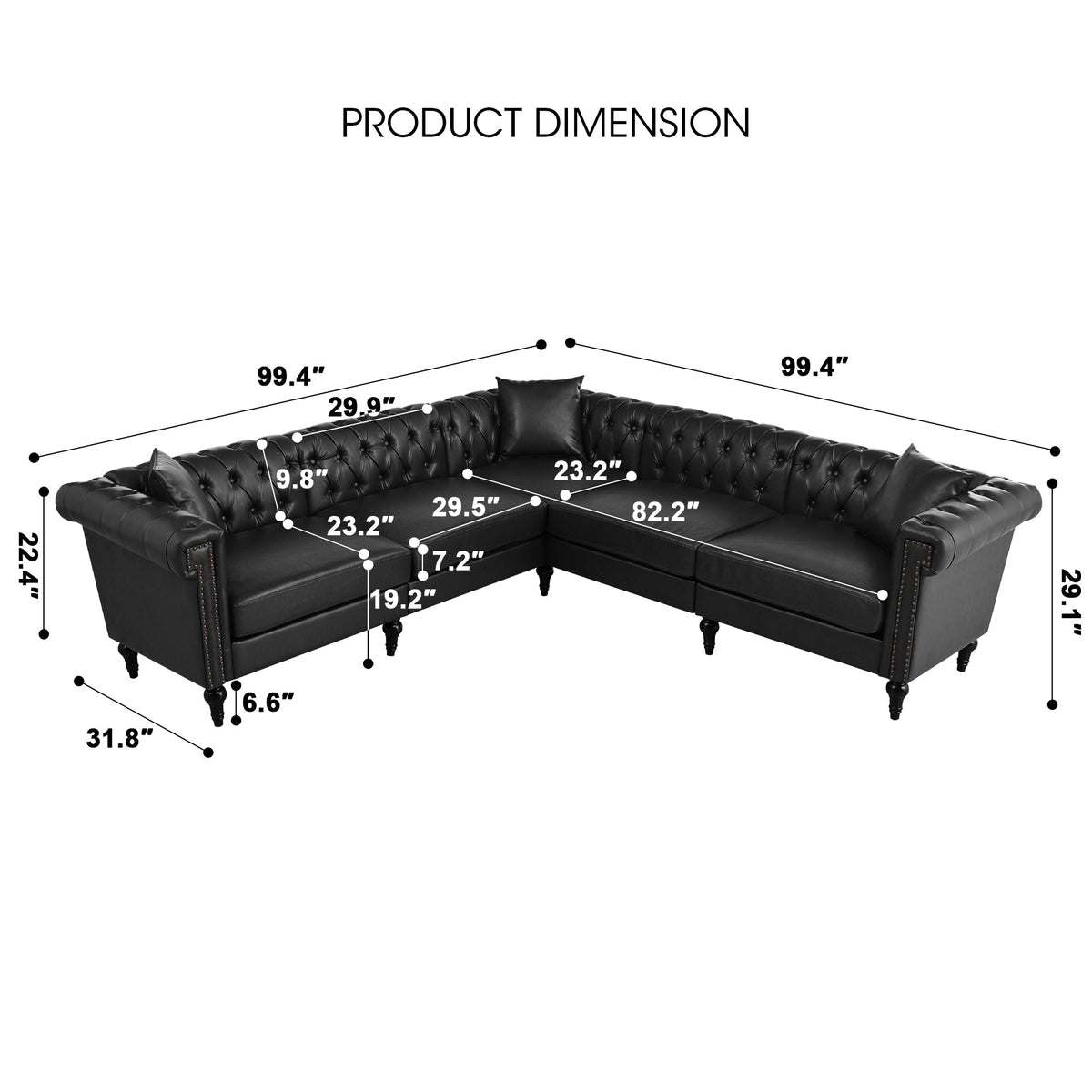 Midnight Reversible L-Shaped Chesterfield Sofa – 5 Seat Black PU Leather