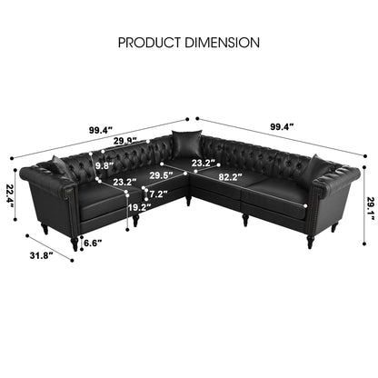 Midnight Reversible L-Shaped Chesterfield Sofa – 5 Seat Black PU Leather