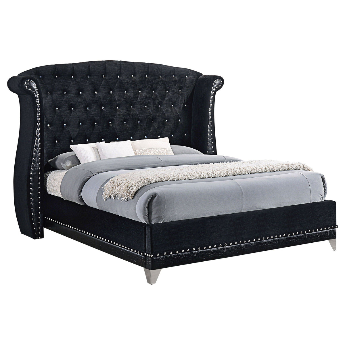 Barzini Luxury King Wingback Bed – Black Velvet & Crystal Tufting