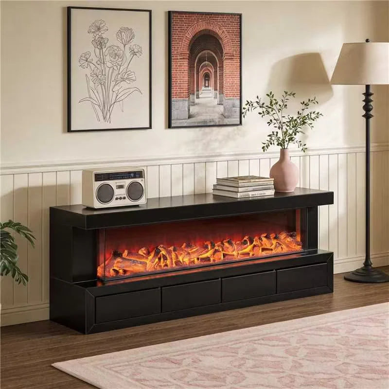 70" Dark TV Stand LED Heating Function Fireplace